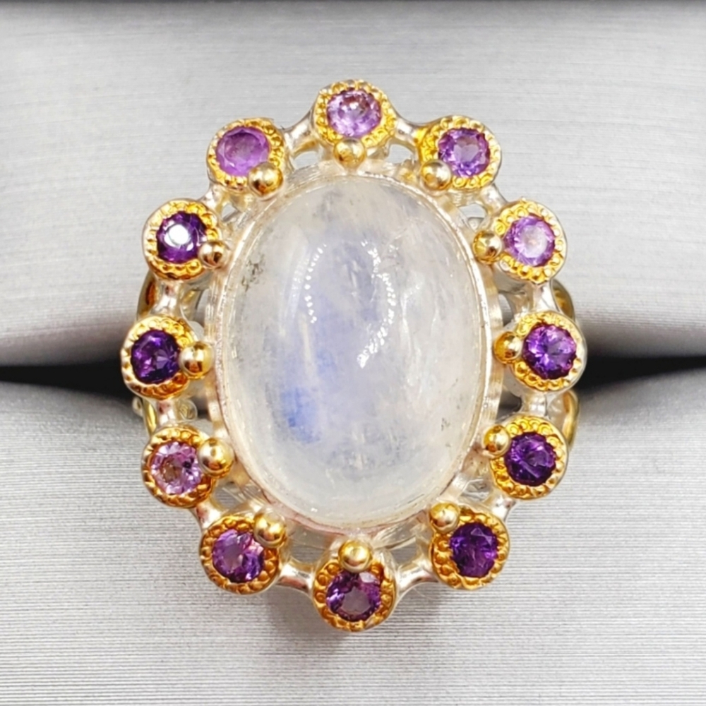 Genuine Moonstone & Purple Amethyst Sterling Silver / 18k Yellow Gold Halo Ring